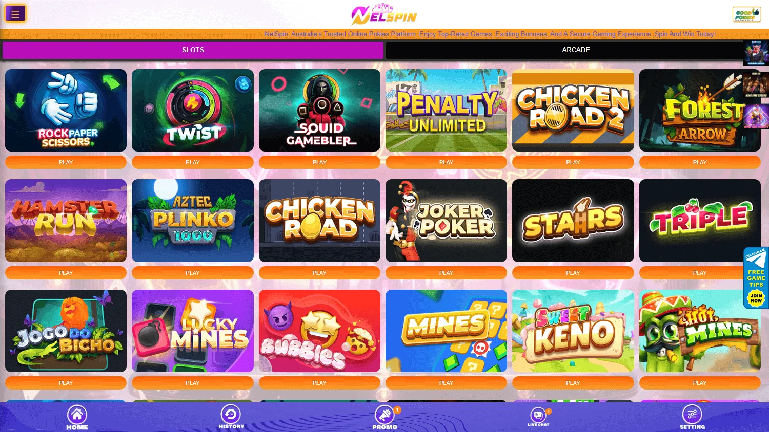 Nelspin Casino desktop games area with casino and betting categories