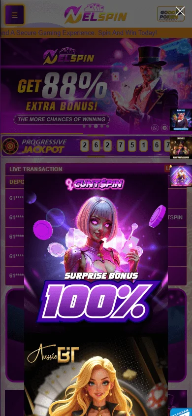 Nelspin Casino mobile browser games area with access to the game catalogue
