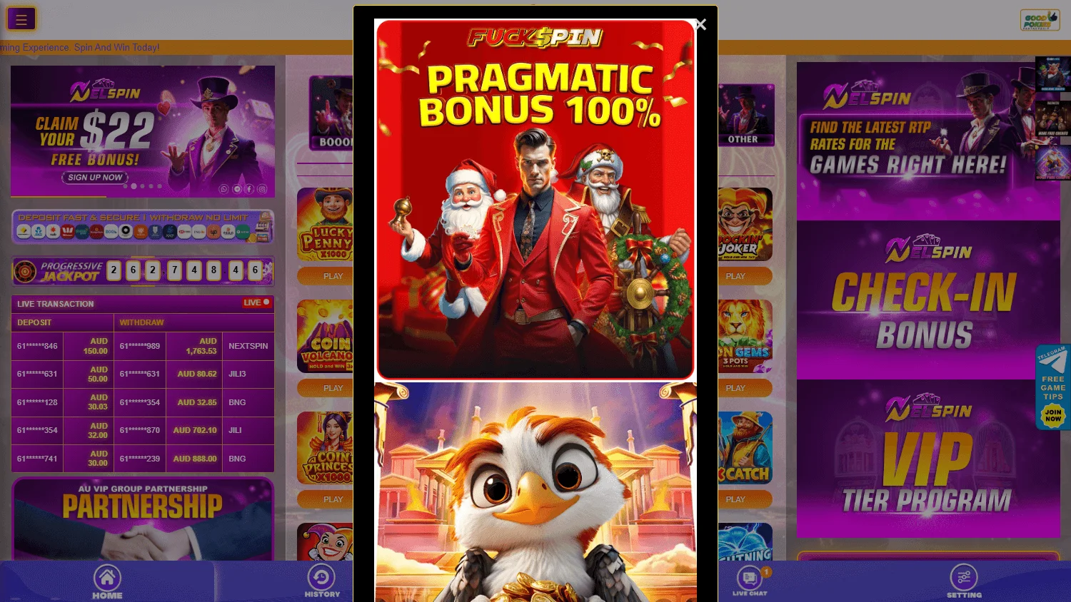 Nelspin Casino desktop home experience with account and casino access
